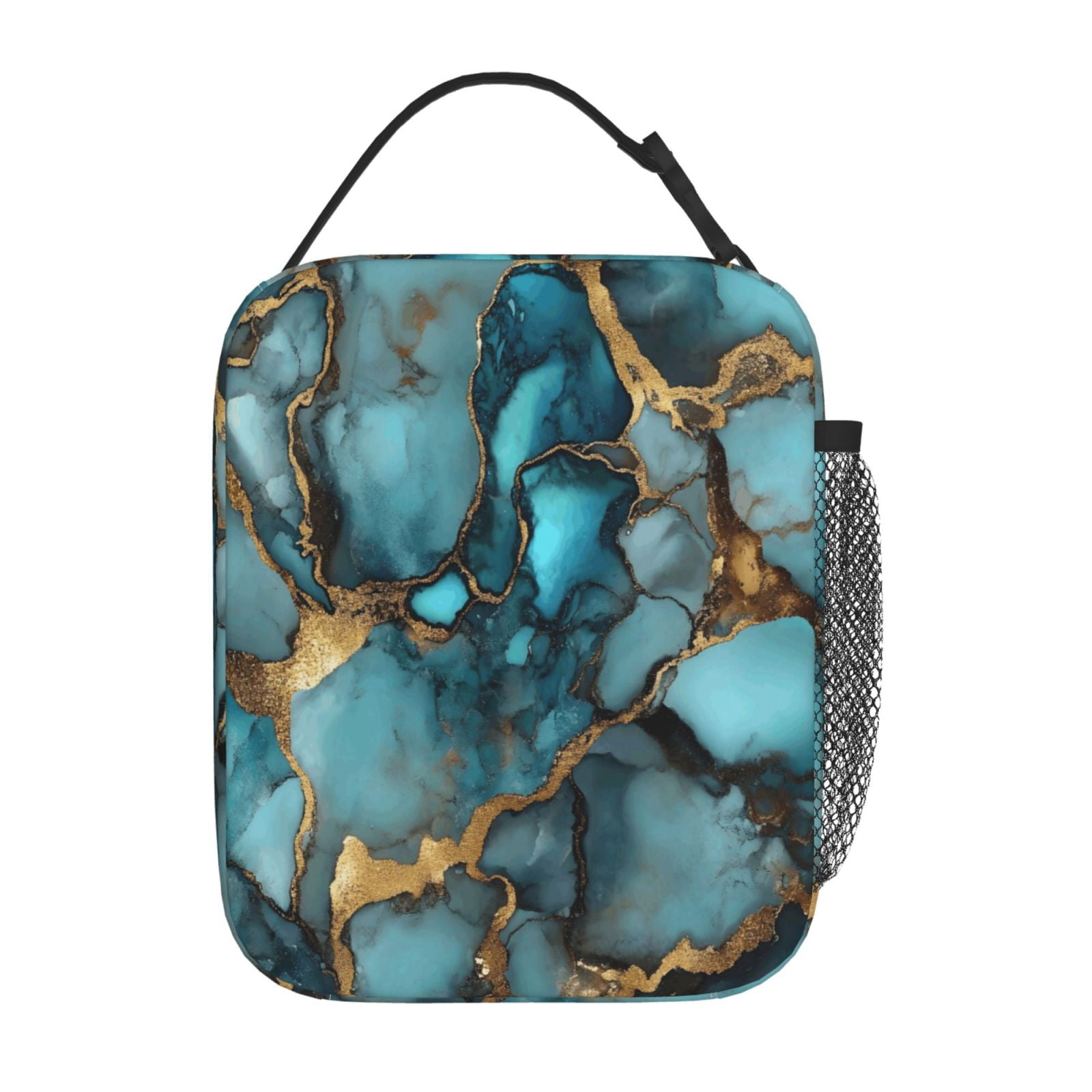 Lunch Bag For Women Men Insulated Portable Lunch Box Bento Box Office Picnic Travel Cooler Bag Teal Gold Marble