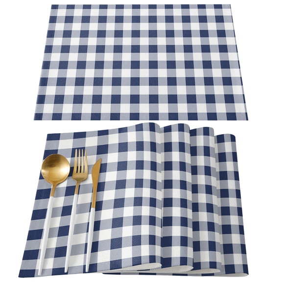 Navy Blue White Plaid Placemats Set of 4, Farmhouse Checkered Buffalo Placemats for Dining Table, Place Mats for Kitchen Tabletop, Waterproof Wipeable Dining Table Mats Set