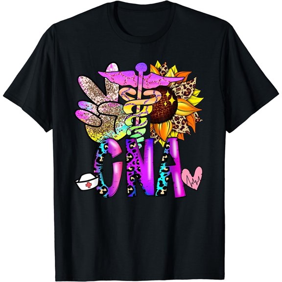 Peace Love CNA - Nurse Certified Nursing Assistant Leopard T-Shirt Black Small