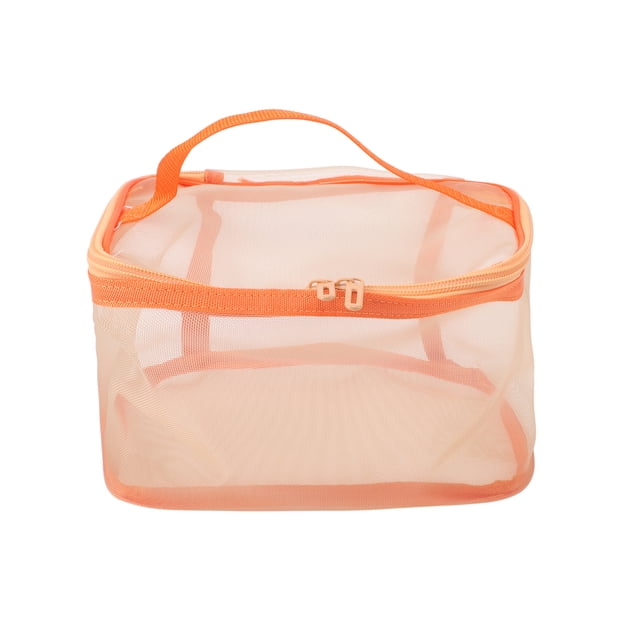 Bolsas de maquillaje de malla de gran capacidad con cordón para vacaciones y viajes de negocios en color naranja