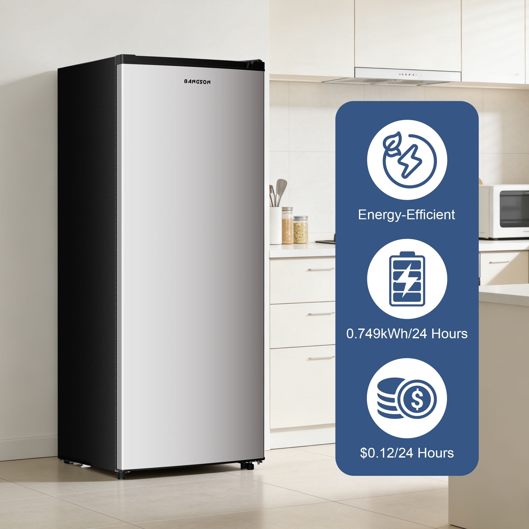 BANGSON 6.5 Cu.ft Upright Freezer, Adjustable Thermostat and Removable Shelves, Reversible Door for Home, Kitchen, Garage, Apartment, Dorm, Silver