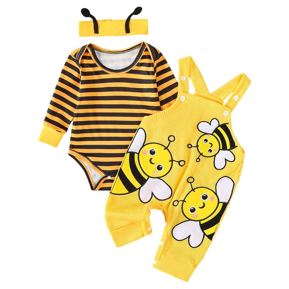 Tisuna Baby Unisex Playwear Outfits Set Stripe Print Long Sleeve Crew Neck Romper And Pants With Bee Headband Set Cute Fashion Girls Boys Festival Party Outfits Size 6-12 Months
