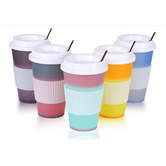 Triani 5 Pack 16 oz Hot Color Changing Cups, Travel Tumbler with Lid, BPA free Plastic Acrylic Cup, Reusable Daily Water Tumblers, Portable Party Coffee Tea Cup for Hot Drinks