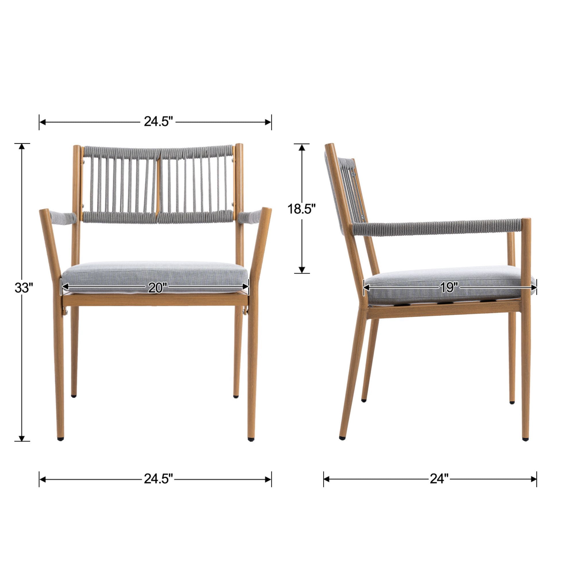 Dayalane Outdoor Dining Chairs Set of 2, Rope Rattan Patio Chairs with Cushions & Armrests, Weather-Resistant Metal Frame for Patio, Balcony/Bistro, Grey