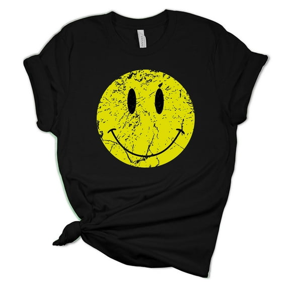 Womens Retro Distressed Happy Face Smile Unisex Fit Short Sleeve T-shirt Graphic Tee-Black-large