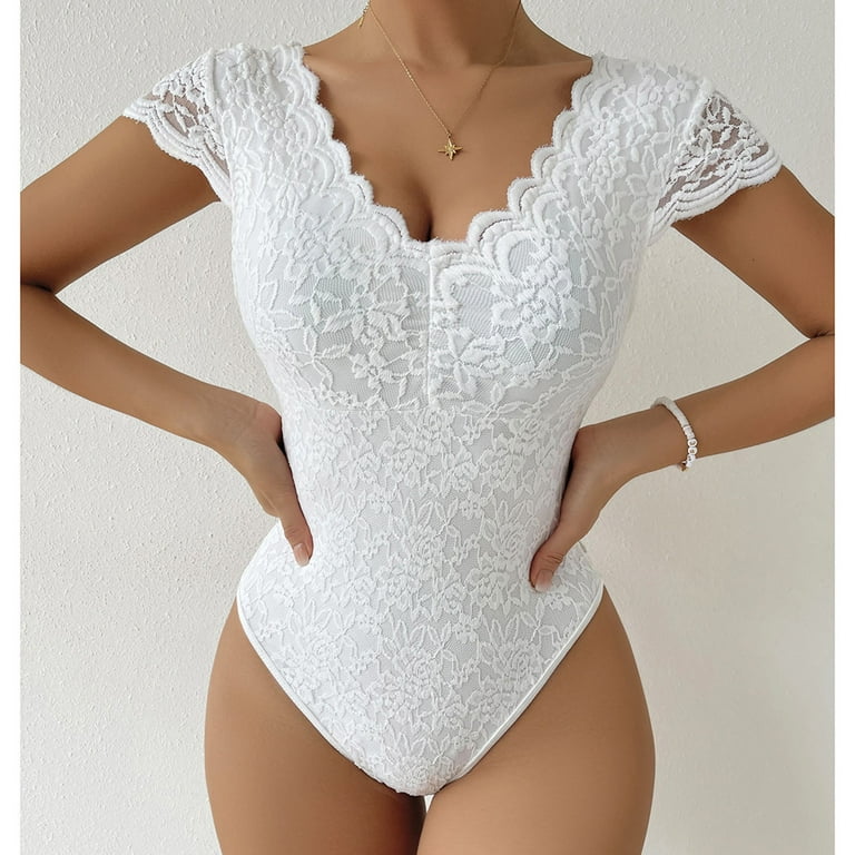 fartey Women Lace Jumpsuits Bodysuit Deep V Neck Tummy Control Bodycon  Rompers Short Sleeve Solid Color Thong Body Shaper Tank Top 