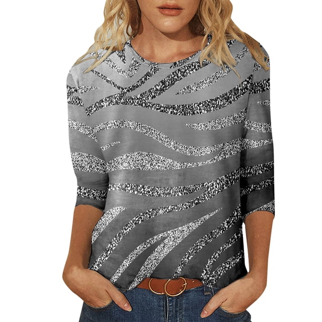 WEAIXIMIUNG T-Shirt Décontracté pour Femmes, Col Rond, Manches Trois-Quarts, Motif Dégradé, Printemps et Été