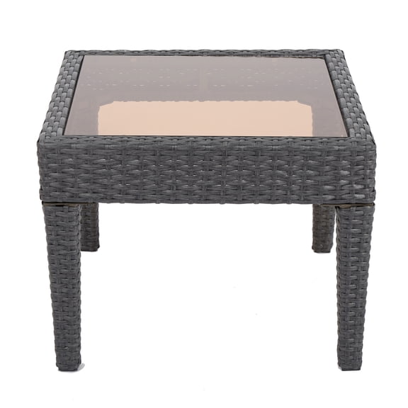 GDF Studio Vincent Outdoor Wicker Side Table with Glass Top, Gray