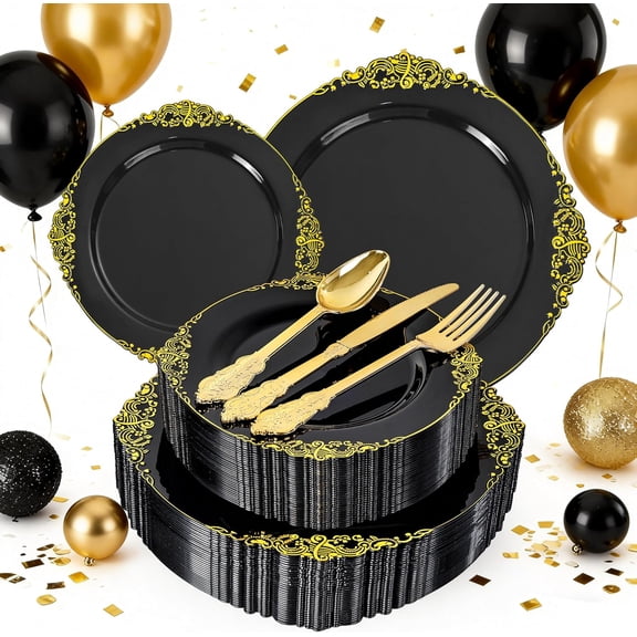 125PCS White and Gold Plastic Plates - Gold Disposable Plates with Plastic Silverware - Vintage Disposable Dinnerware Set for 25 Guests for Christmas Parties Holiday