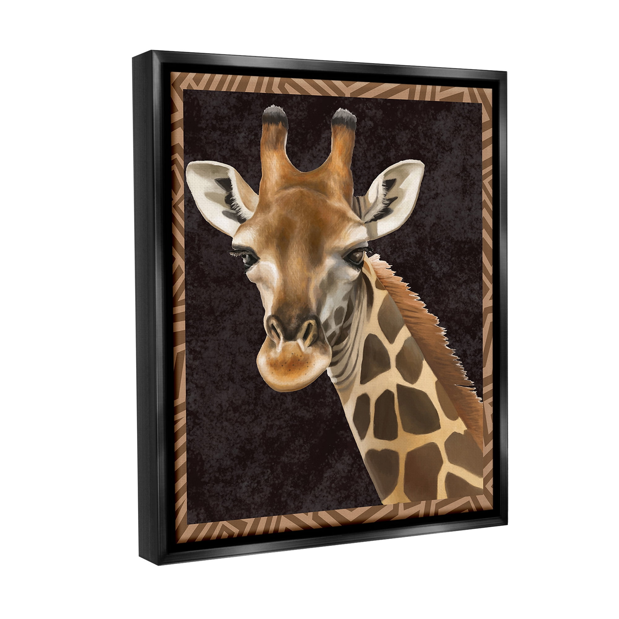 Stupell Industries Giraffe with Geometric Border Animals & Insects Painting Black Floater Framed Canvas Art Print Wall Art, 25 x 31