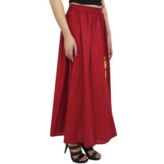 Bimba Women's Maroon Bohemian Style Elastic Tassels Waist Long Maxi Skirt-M