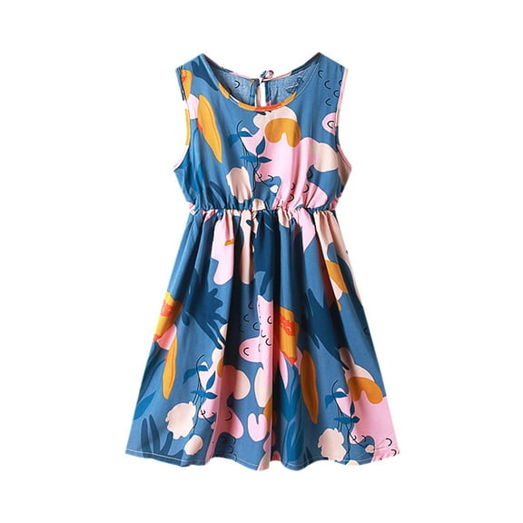 Fgnfyis Girls Toddler Dress Crew Neck Summer Sleeveless with Floral Prints for Casual Beach Party Wear Blue 6-7 Years