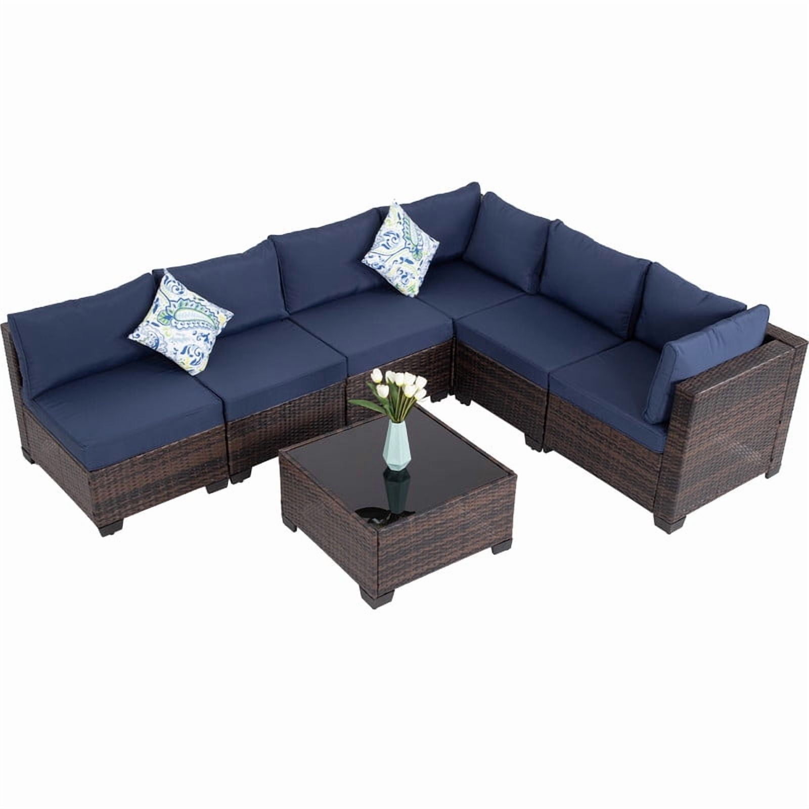Howcool 7-Piece All-Weather Wicker Rattan Outdoor Patio Furniture Set,Modular Patio Conversation Furniture Set with Thick Cushions & Tempered Glass Table