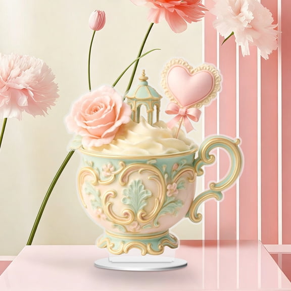 Valentine's Day Tea Cup Ornament - 6in Long Romantic Desktop Decor, Hand-Painted Ceramic with 3D Floral Motifs, Glossy Chip-Resistant Finish, Home Office Desk Mantel Shelf Decor