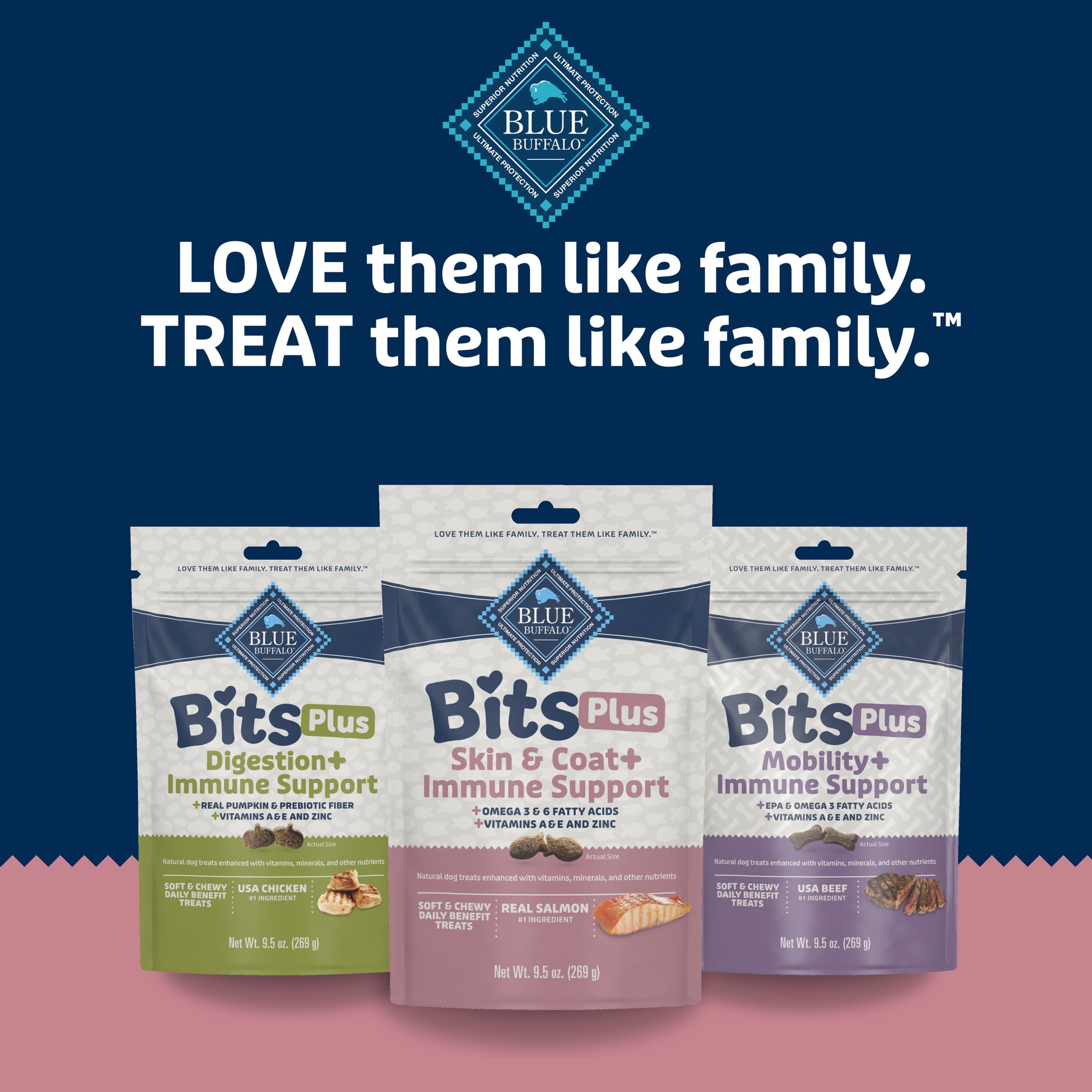 Blue Buffalo BLUE Bits Plus Skin & Coat and Immune Support Daily Benefit Dog Treats, Soft & Chewy Salmon Morsels, 9.5-oz. Bag