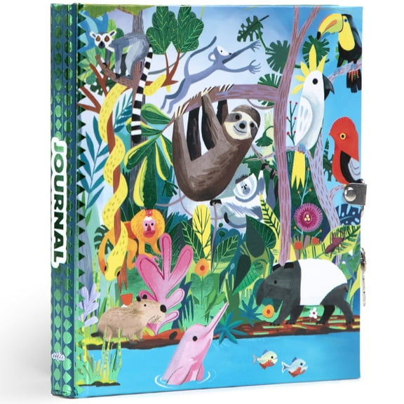 eeBoo: Foiled Locking Journal: Rainforest Animals - Kids Diary, Privacy Lock/Keys, Colorful Nature Cover, 176 Lined Pgs, Sketch-Take Notes, 5.75x6.5"