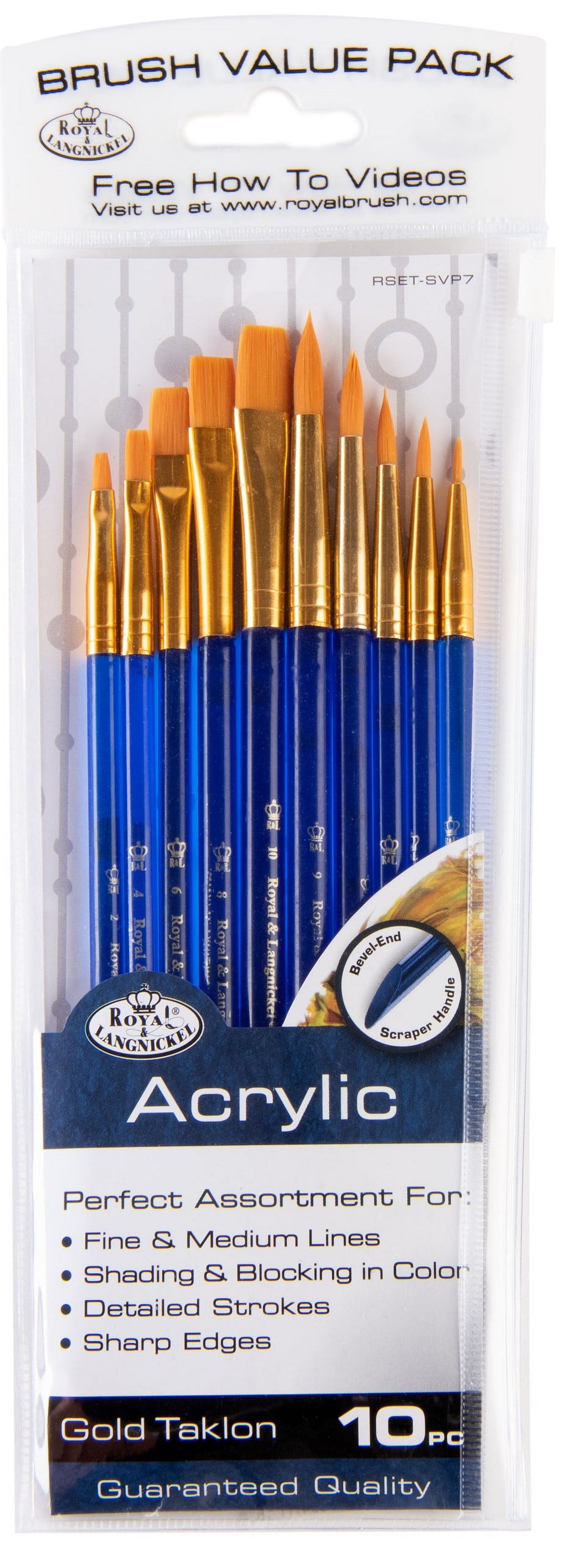 (3 pack) Royal & Langnickel - 10pc Super Value Golden Taklon Acrylic Artist Brush Set, Shaders and Rounds
