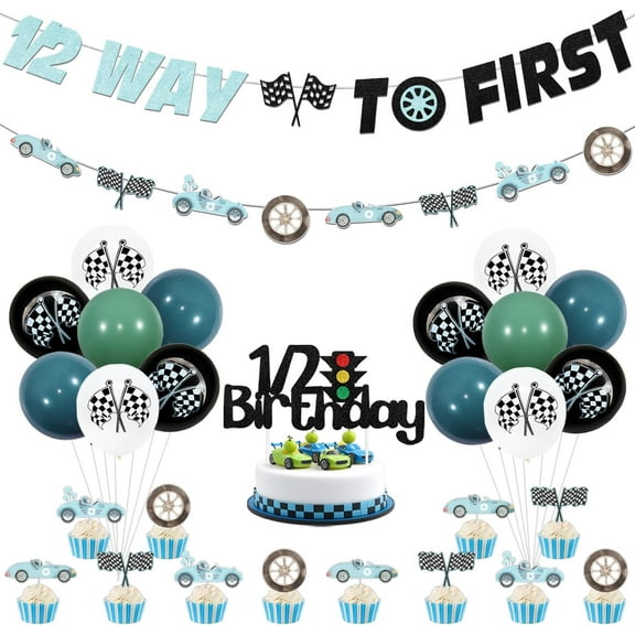 Vintage Race Car Themed Half Birthday Party Decor 1/2 Way to First Banner Retro RaGarland Half Birthday Cake Cupcake Toppers Latex Balloon for Retro Let's Go Racing 6 Months Birthday Party