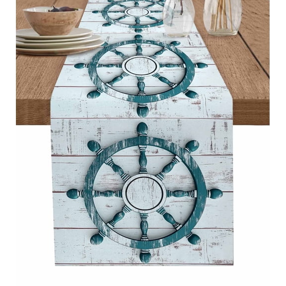 Teal Rudder Coastal Table Runner 72 Inches, Nautical Summer Beach Ocean Bed Runner Dresser Scarves Tabletop for Indoor Outdoor Parties/Ceremony/Banquet, 14" x 72"