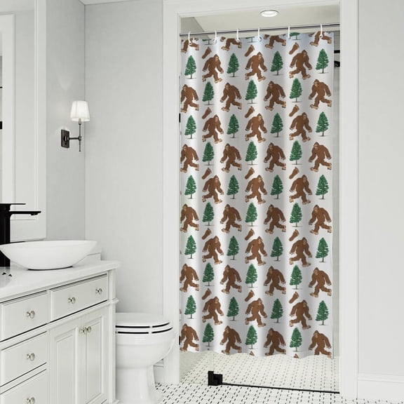 White Bigfoot and Tree Pattern Shower Curtain 36"x72" ,Bathroom Decorative Shower Curtains Set with 12 Hooks,Modern Waterproof Washable Shower Curtain