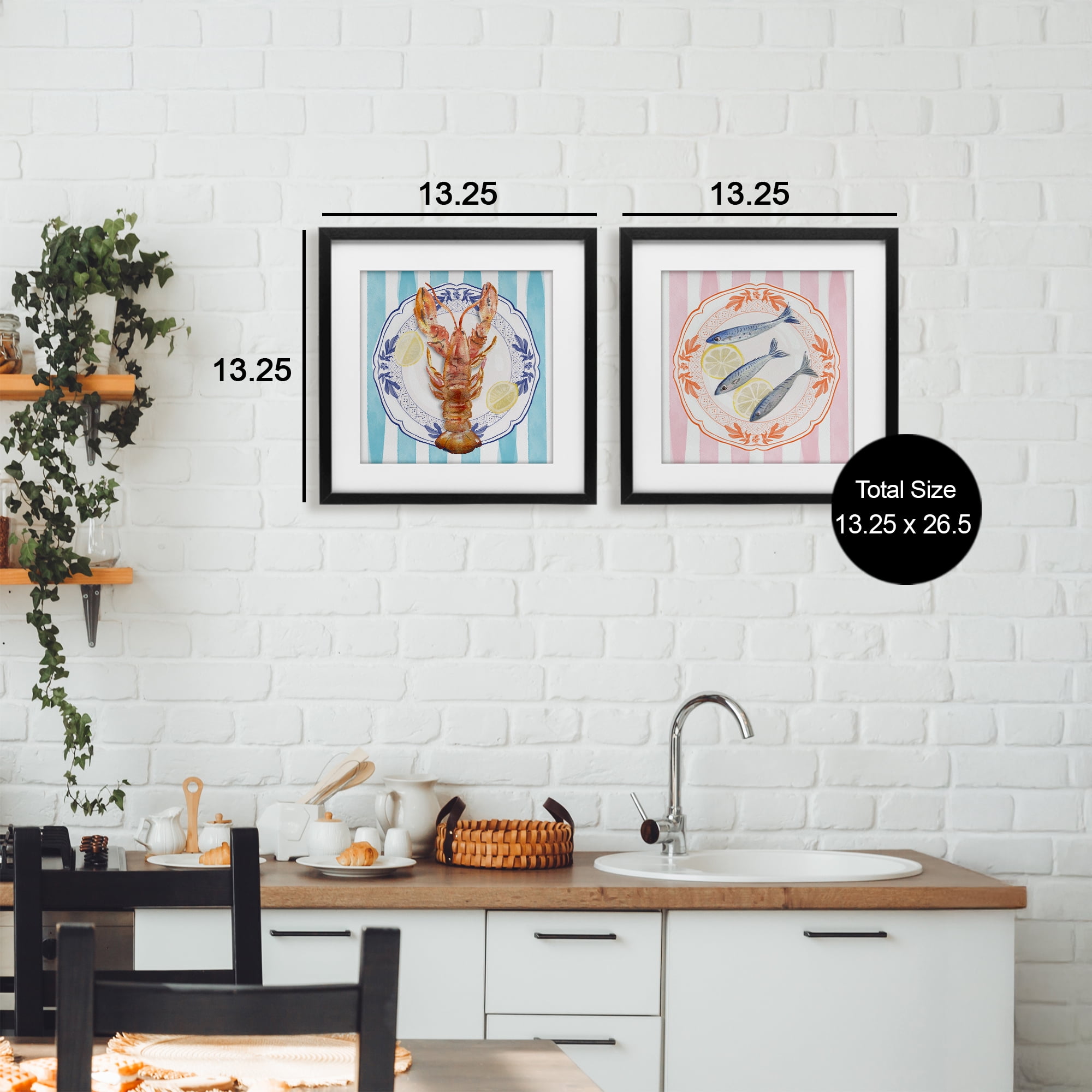 Stupell Industries Lobster & Sardines Plates 2 Piece Black Framed Print Under Glass Set, design by Christie Adams