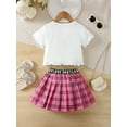 thumbnail image 4 of Mikrdoo 6 Years Kid Girls Outfits Skirts Sets Hawaii Car Letter Pattern Short-sleeved Tops Plaid Pleated Skirts 2Pcs Clothing Sizes 4-7 Pink, 4 of 9