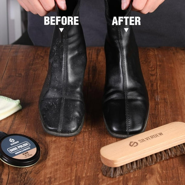 leather boot wax polish application and buffing with brush for uniform shine