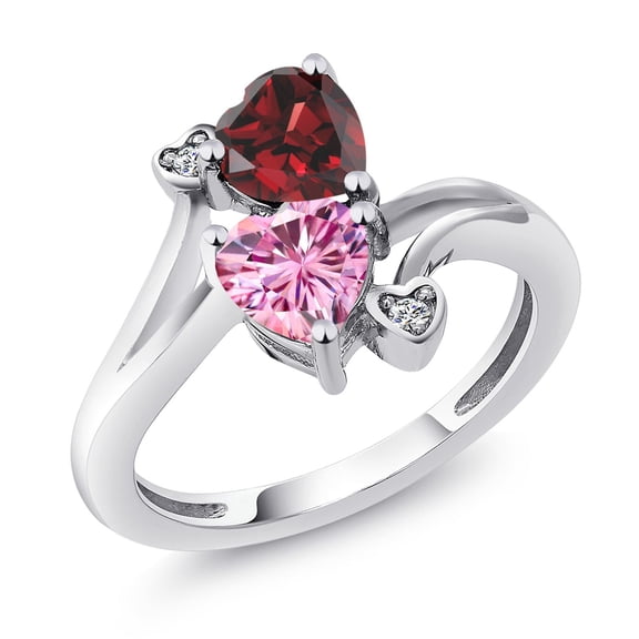 Gem Stone King 925 Sterling Silver Red Garnet Pink Moissanite and White Lab Grown Diamond Ring for Women (1.83 Cttw, Heart Shape 6MM, Gemstone January Birthstone, Size 6)