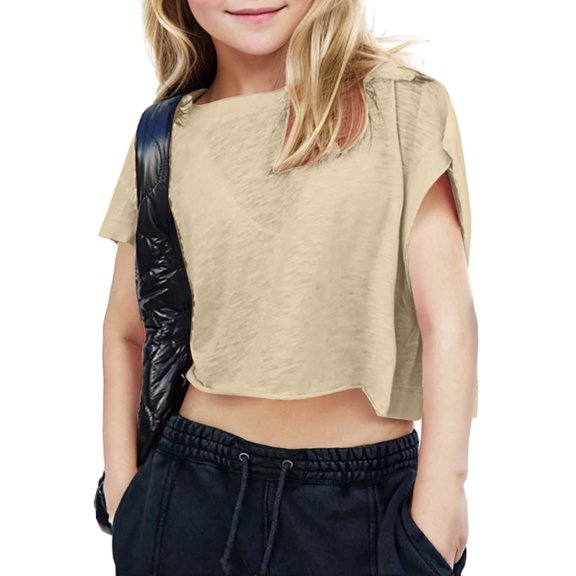 GiLiling Girls Backless Hollow Open Back Crop Top Oversized Off Shoulder Short Sleeve Casual Tee for Teens (Beige, 7-8 Years)