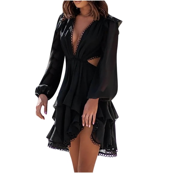 Womens under $10 2026 ! asdoklhq Under $3.00,Women's Bohemian Chiffon V-neck Backless Elasty Long Sleeve Solid Mini Length Dress