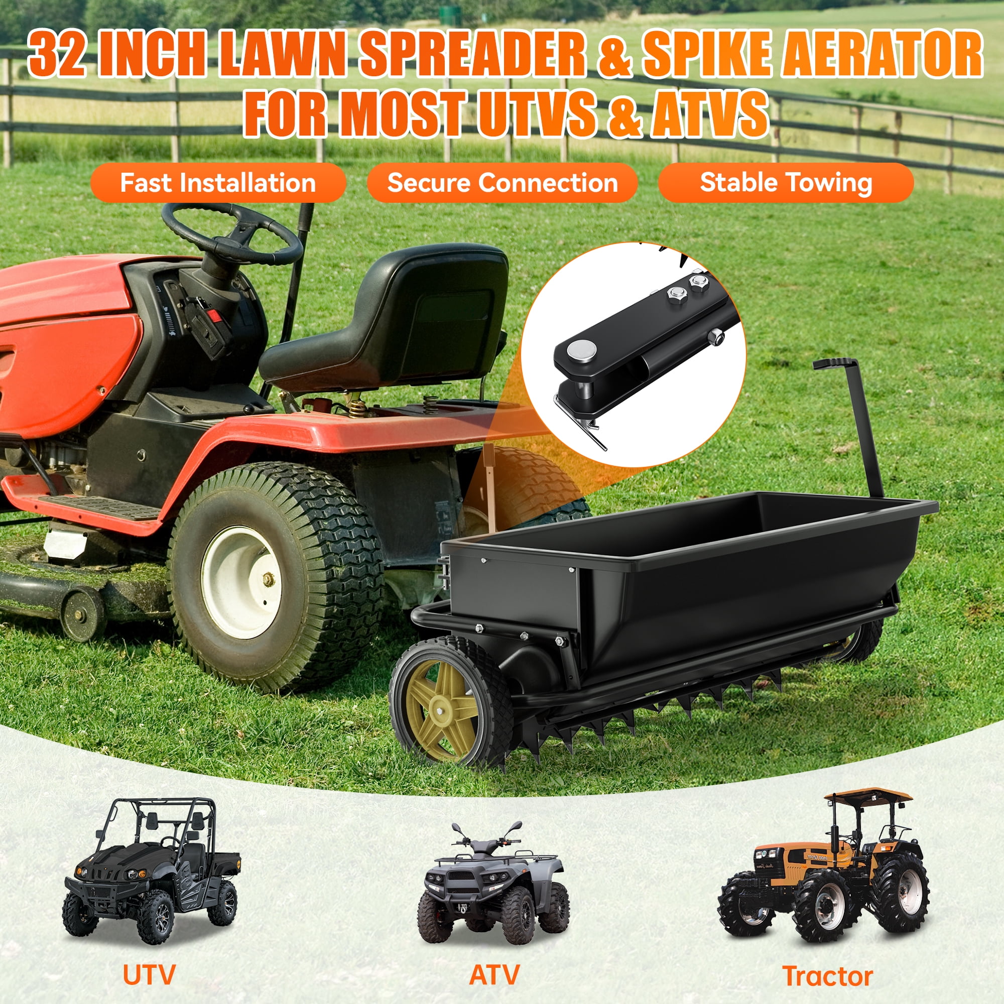 2-in-1 32" Tow Behind Lawn Spreader & Spike Aerator, 100 lbs Broadcast Seeder with 72 Aeration Tines, Universal Hitch for ATV, UTV & Garden Tractors