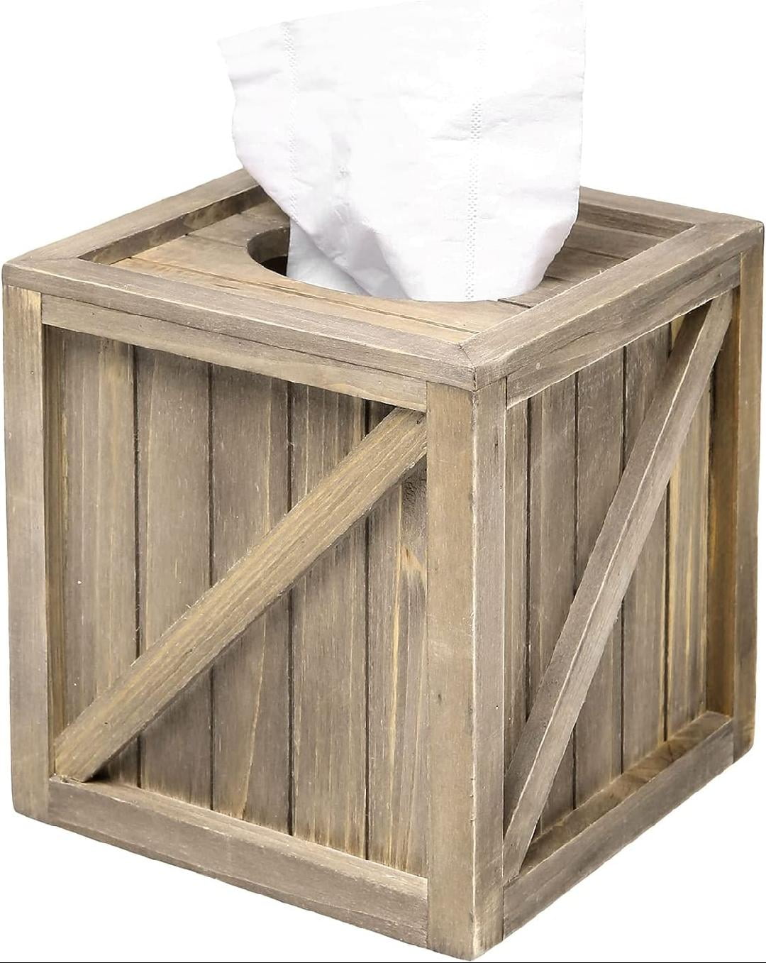 Brown Wood Tissue Box Cover Holder with Farmhouse Slatted Design