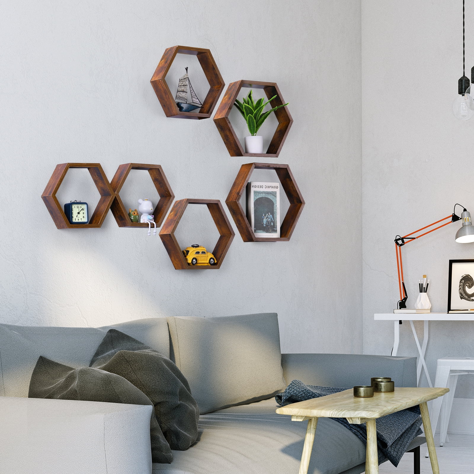 Hexagon Floating Shelves Set of 6 Honeycomb Shelves for Wall, Burnt Brown
