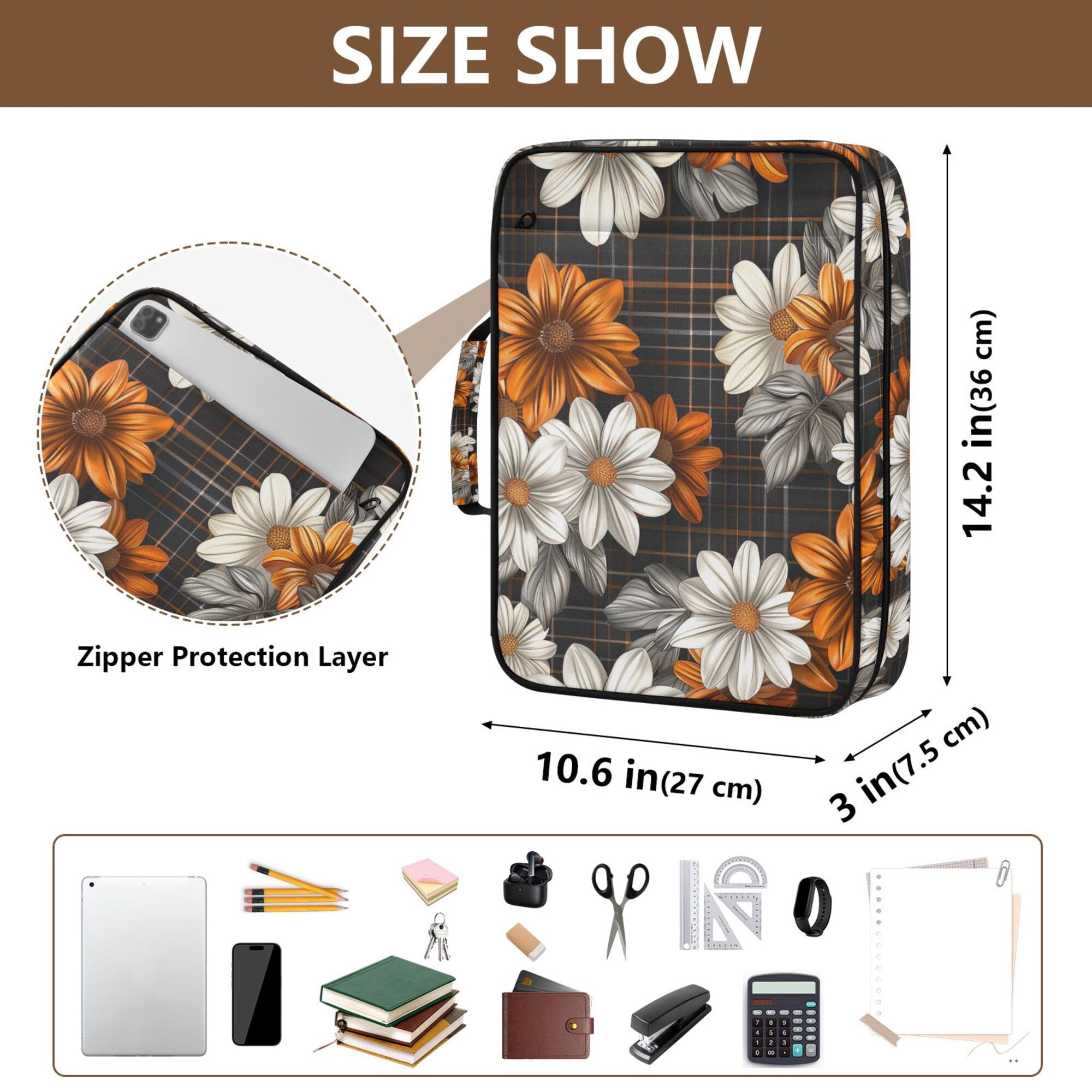 FORMRS Accordion File Folder A4 Size 7-Pocket Expanding Document Organizer Bag with 3 Ring Binder, Black Plaid Floral