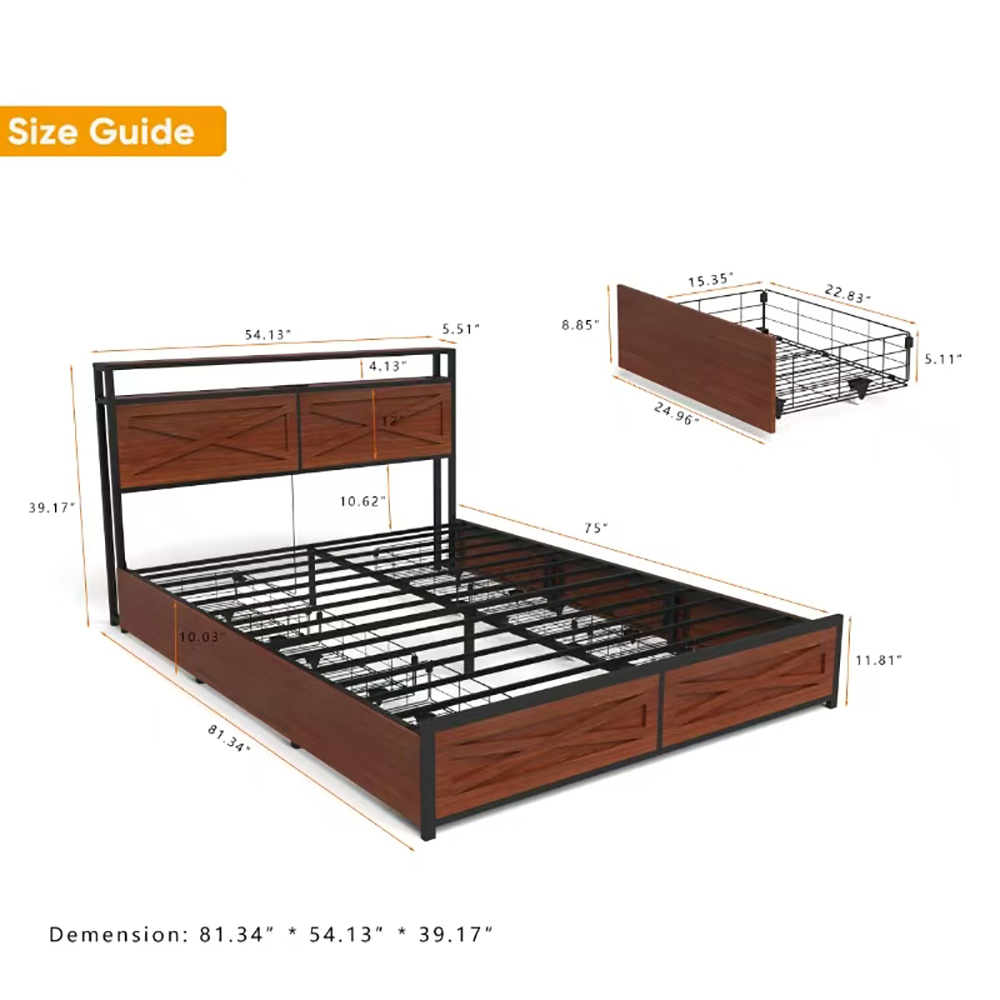 Miniyam Full Size Bed with Headboard Shelf, USB Charging Station, LED Lights, 6 Storage Drawers, Rustic Metal Frame for Adults Teens