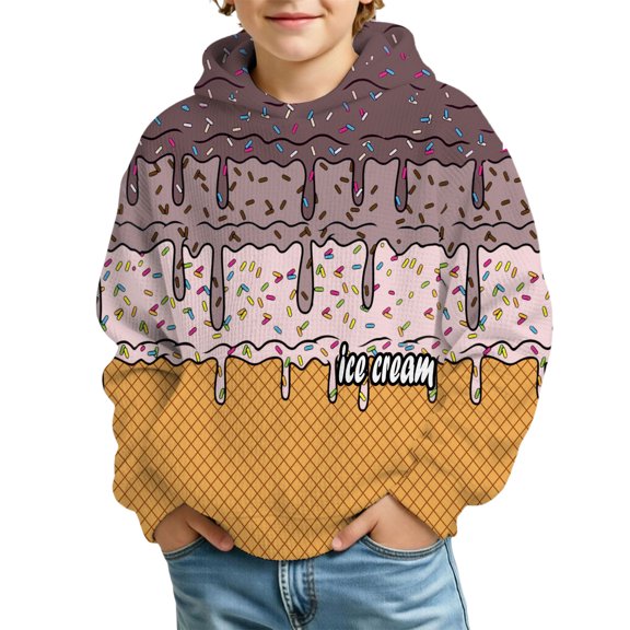 SJLDQY Boys Hoodies Ice Cream Graphic Long Sleeve Hooded Sweatshirts Fall Winter Ourdoor Casual Waffle Pullover Tops for Boys