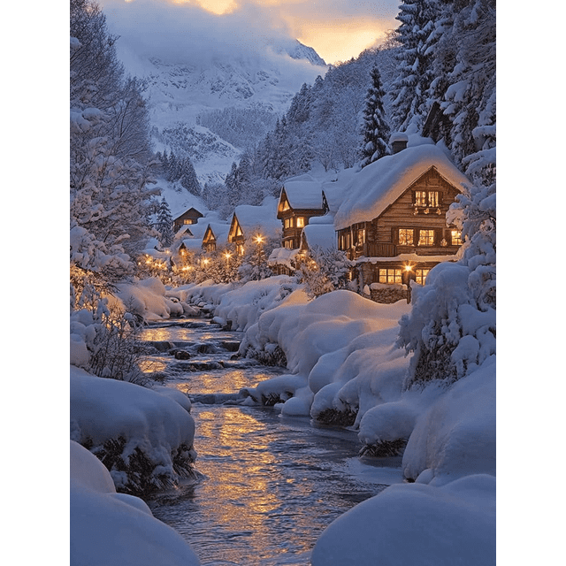 Qisvanset 12x16 Inch 2D Flat Framed Canvas Art, Cozy Snowy Winter Village Warm Light Holiday Home Wall Art Decor