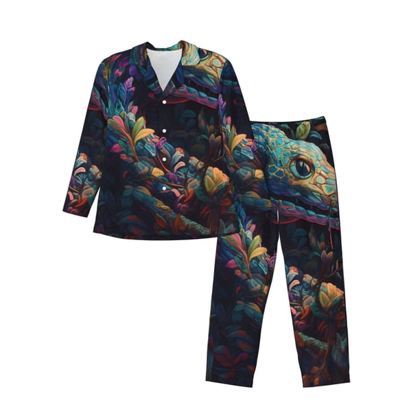 Fotbe Colorful Patterned Snake Pijama de Hombre con Estampado de Manga Larga, Conjunto de 2 Piezas, Ropa de Dormir Suave y Cómoda con Bolsillos-X-Large