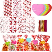 182 PCS Valentines Gift Bags Valentine Cellophane Bags, 7 Assorted Styles Valentine Treat Bags Valentine Goodies Bags with 35 PCS Gift Tags & 200 PCS Twist Ties for Valentines Party Favors Supplies