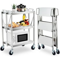 Yesurprise Heavy Duty Folding Utility Cart Stainless Steel Service Cart 133 Lbs Shelf Sturdy 3-Tier Rolling Cart with Wheels Lockable for Restaurant Garage Office