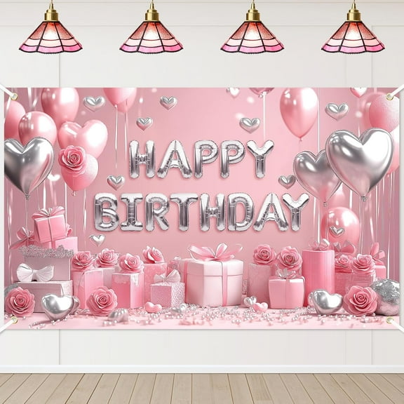 Pink Happy Birthday Banner for Women Girls Pink Birthday Decorations Banner Princess Backdrop for Indoor Outdoor Party Supplies