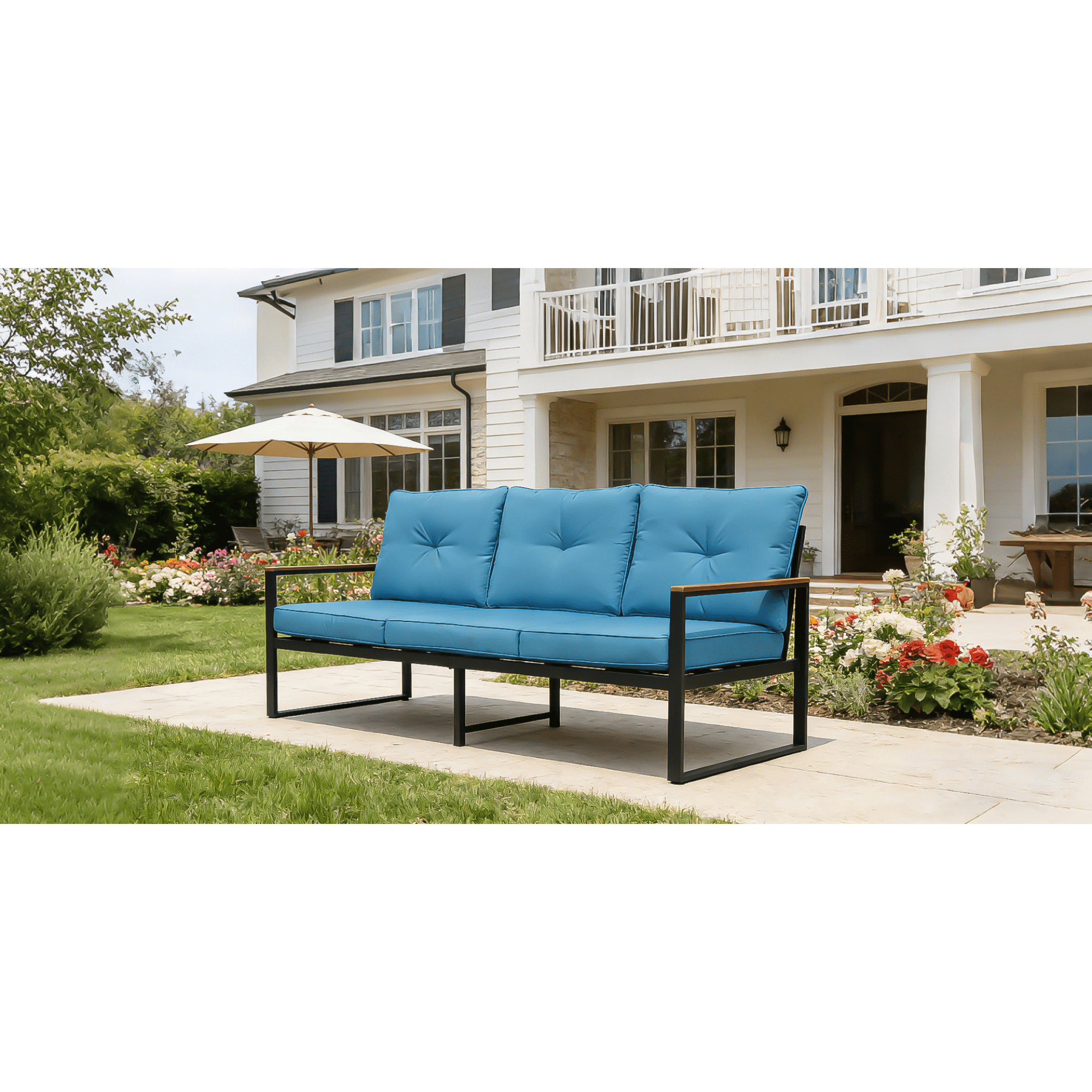 Leumius Outdoor Patio Sofa,Metal 3-Seat Couch with Thick Cushions,Patio Conversation Sofa Couch for Deck Garden Poolside,Blue