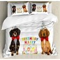 thumbnail image 1 of Dachshund Duvet Cover Set Queen Size, Couple of Bow Tied Sausage Dogs with Happy Birthday Cake and Party Cone Hats, 3 Piece Bedding Set with 2 Pillow Shams, Multicolor, by Ambesonne, 1 of 3