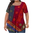 thumbnail image 3 of lcziwo Oversized Tshirts for Women Loose Fit Front Pleated Tunic Tops Casual Square Neck Short Sleeve Tees Shirt Fashion Floral Print Blouses Plus Size Pullover Red 5XL, 3 of 6