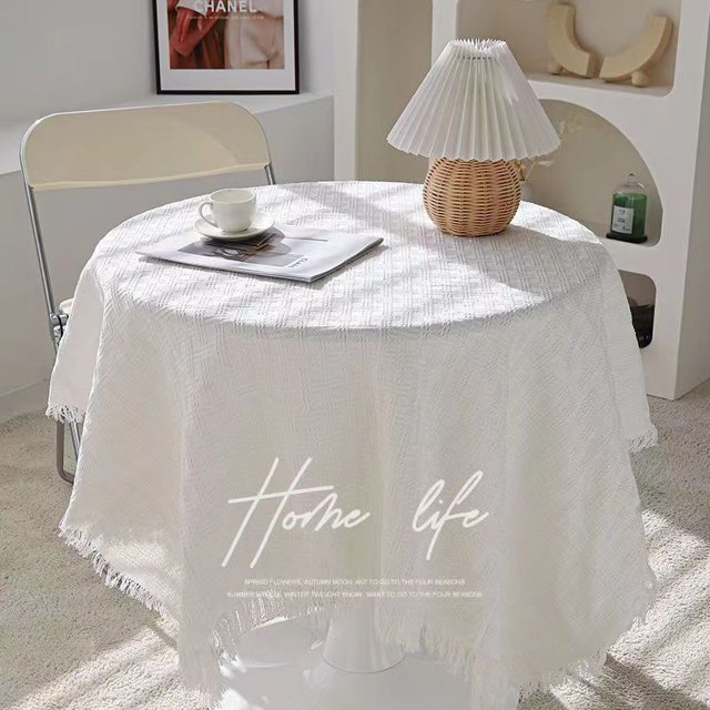 French tablecloth Japanese style cotton linen white high-grade light luxury coffee table round table tablecloth bedside table desk square table