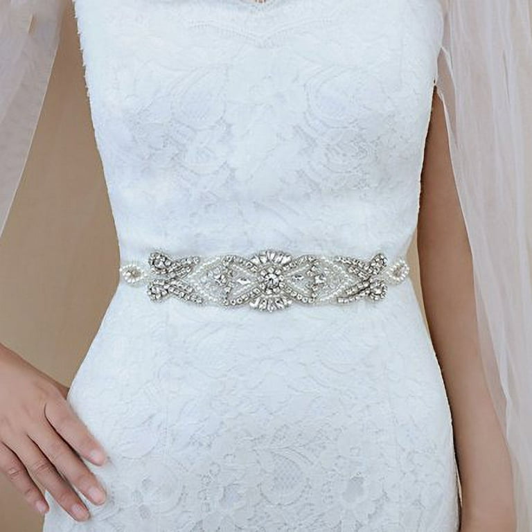 Wedding Belt Bridal Wedding Dress Belt Hand Rhinestone Wedding Belt 22 In  Length with Ivory White Ribbon for Wedding Dress 