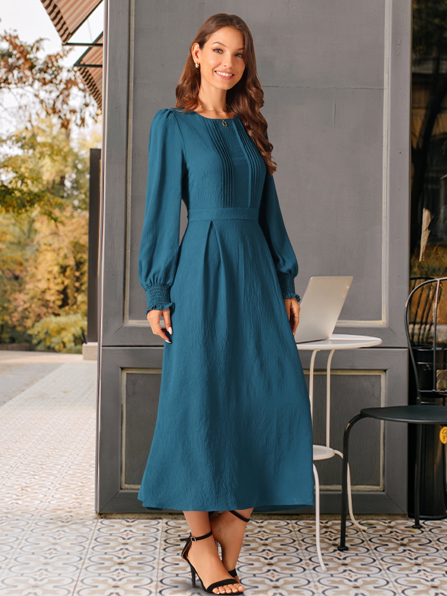 DARING DIVA Frilled Crewneck Long Sleeve Midi Fall Dress M Peacock Blue