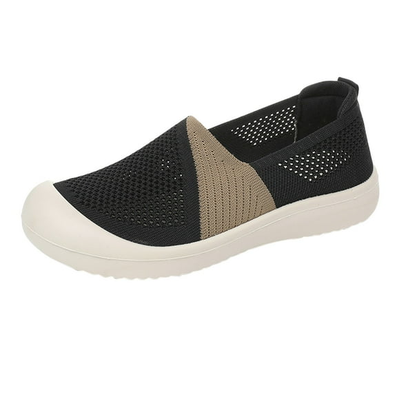 XIMIN Women's Knit Breathable Flat Walking Y2k Platform Shoes Fashion Anti-Collision Round Toe Shallow Mouth Slip On Sneakers Comfortable Casual Mesh Canvas Shoes (35, Black)