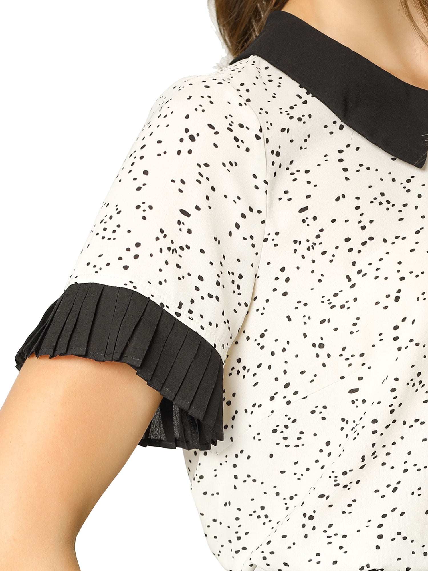 Unique Bargains Women's Polka Dots Contrast Doll Collar Short Sleeves Top S Beige