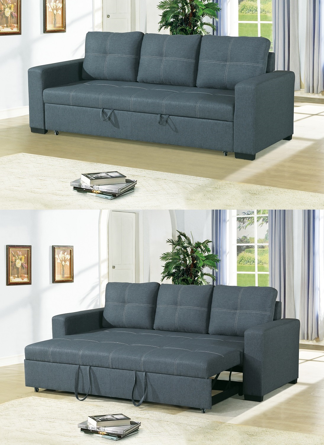 Convertible Sofa Bed Bobkona Living Room Sofa w Pull out Bed Accent Stitching Comfort Couch Blue Grey Polyfiber - image 5 of 5